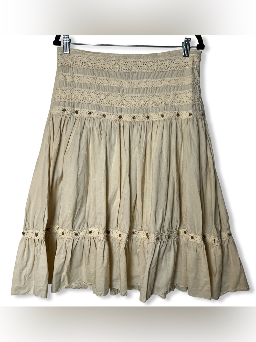 Ninety Clothing Co VTG Cream Crochet Lace Beaded Boho Peasant Skirt Cotton Sz L